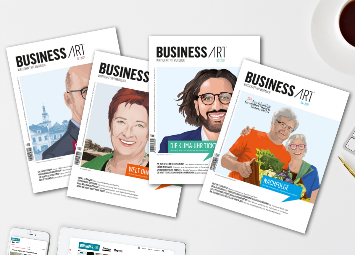 Die vier Ausgaben der Businessart aus 2021 liegen versetzt auf einem Tisch, so dass man die Cover sieht.