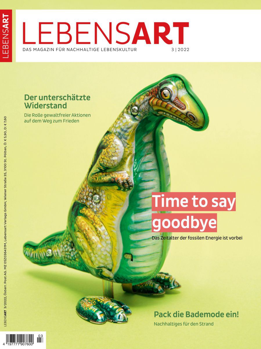 Ein Blechdinosaurier auf hellgrünem Hintergrund. Daneben steht der Titel: Time to say goodbye. Das Zeitalter der fossilen Energie ist vorbei.