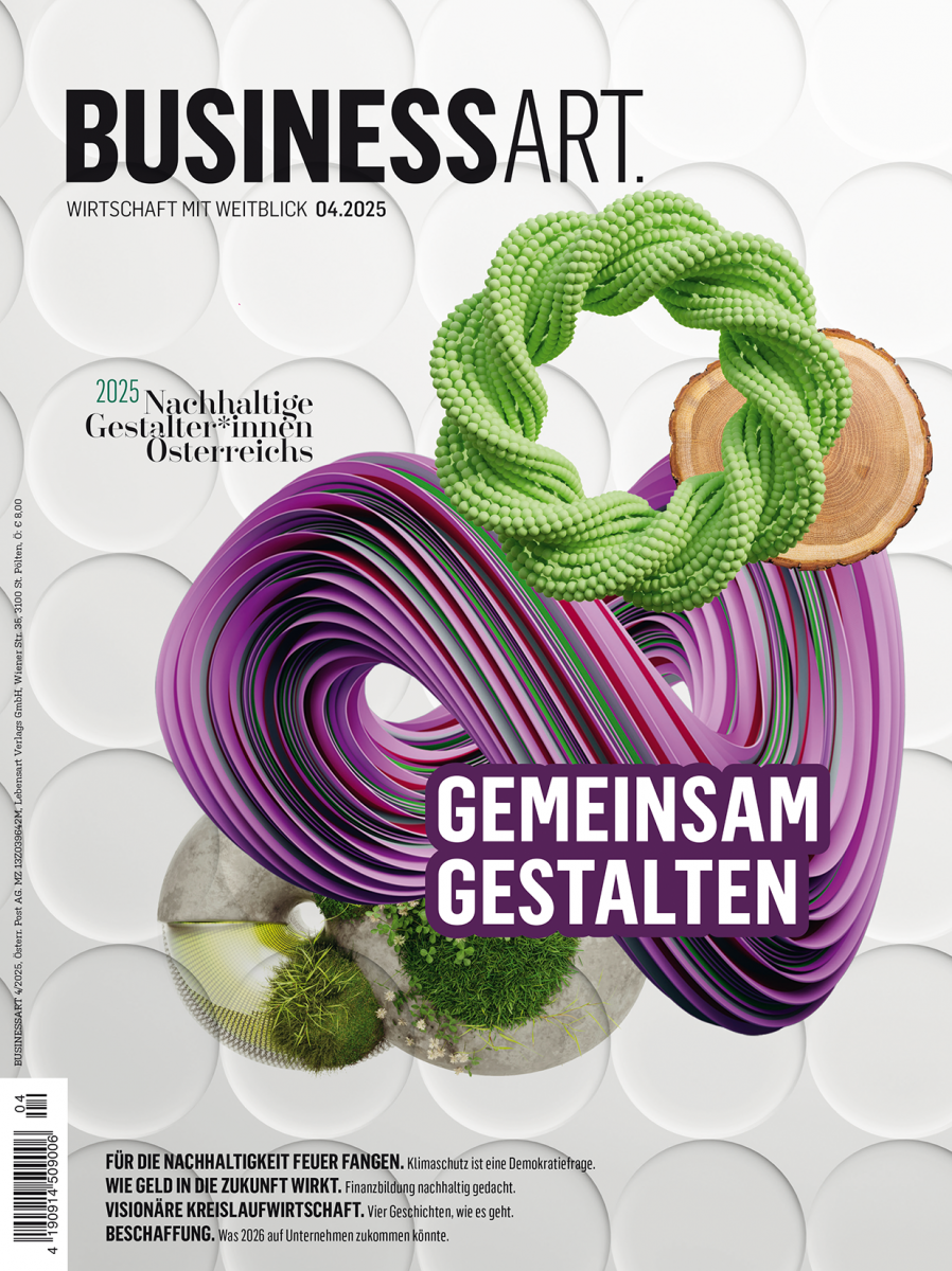 Cover der BUSINESSART Ausgabe 4/2025: Auf einem weißen Hintergrund mit reliefartig eingeprägten Kreismustern sehen wir verschiedene, kreis- und spiralförmige Gebilde in Lila- und Grüntönen, die dem Bild viel Bewegung verleihen. 