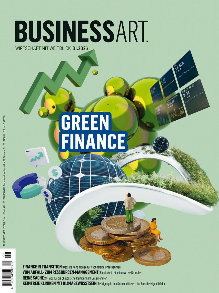 Auf der Coverabbildung der BUSINESSART 1/2026 sind auf grünem Hintergrund Symbole aus der Finanzwelt zu sehen wie ein steigender Börsenkurs, mehrere Finanzentwicklungscharts, ein Münzstapel und ein grüner Kreis auf dem Gras wächst.