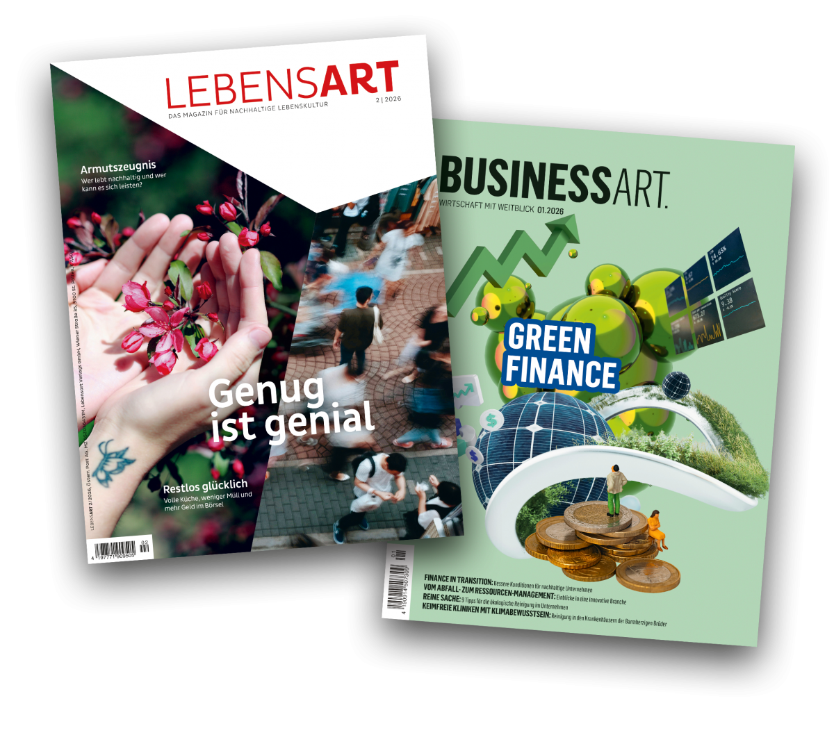 Zwei LEBENSART und BUSINESSART Cover, aufgefächert nebeneinander.