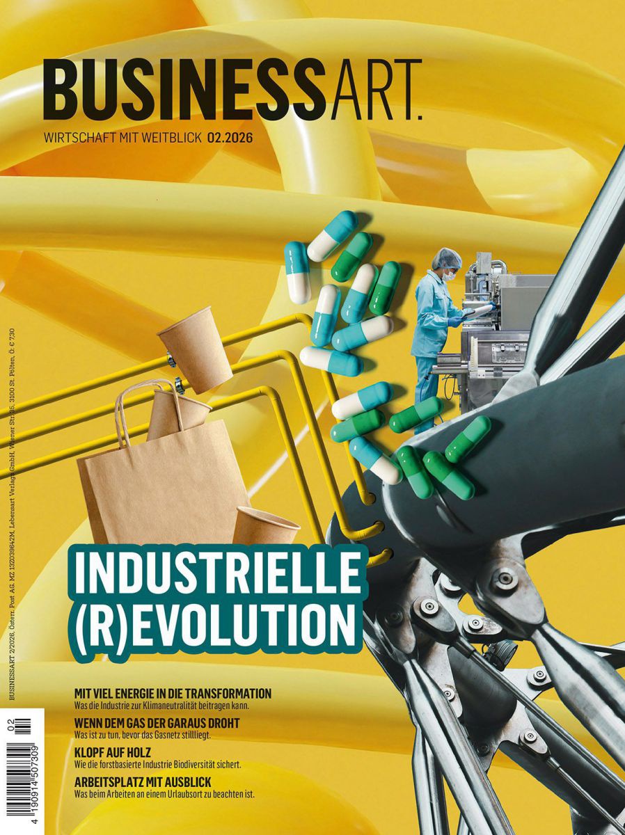 Die Farbe Gelb dominiert das Cover. Gelbe verschlungene Röhren im Hintergrund, darauf ein metallischer Roboterarm, braune Papiertüten und Becher, einige Pillenkapseln in Grün-Blau-Weiß, eine Person in Laborkleidung bei der Arbeit an einer Maschine. 
