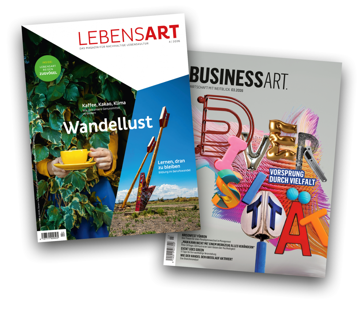 Die beiden Cover der aktuellen Ausgaben der LEBENSART und BUSINESSART aufgefächert.
